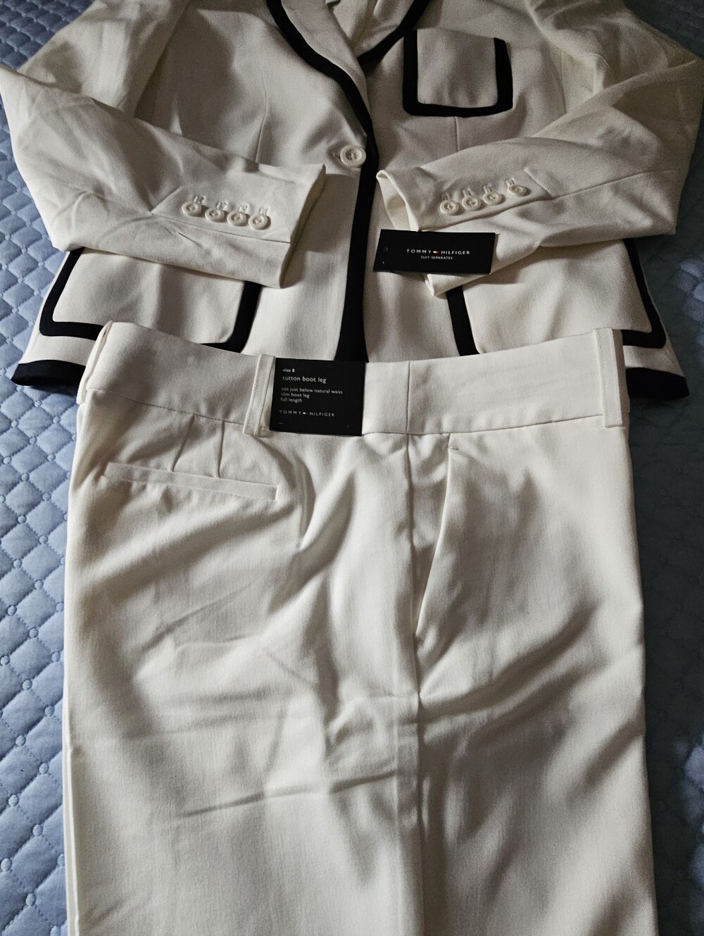 Tommy Hilfiger Womens White Blazer with Black Trim - Classic Tailored Jacket Set